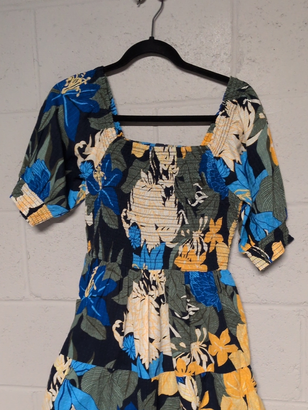 Land's End Smocked Cotton Dobby Midi Puff Sleeve Dress Navy Floral, XS, Coastal - Picture 5 of 10